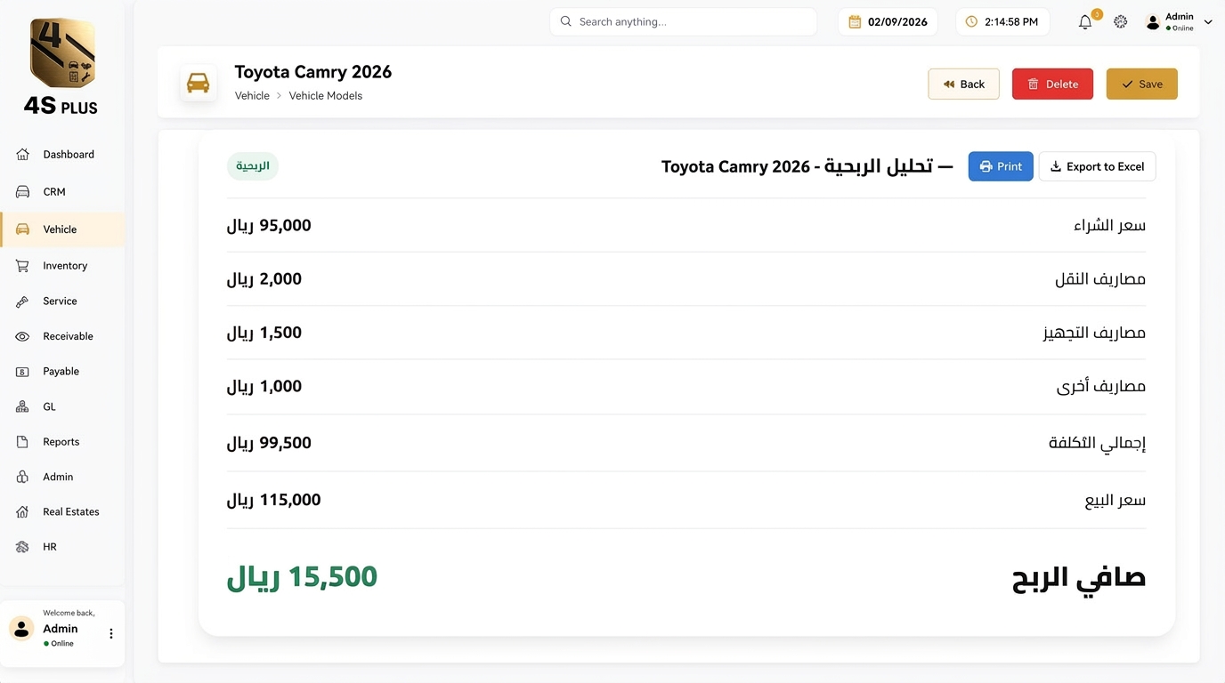تحليل ربحية سيارة تويوتا كامري 2026 داخل نظام 4S PLUS